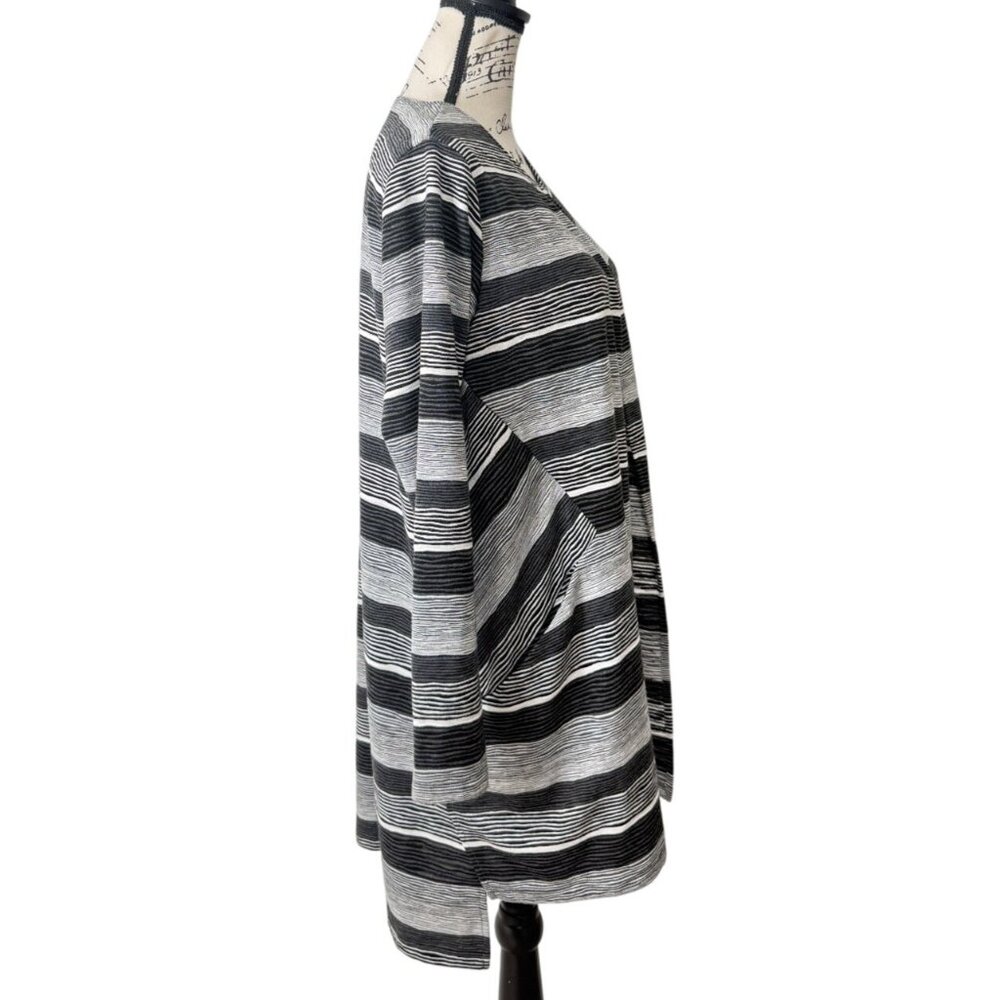 Simpli Womens Size 8 Chic Black Gray Striped Long Open Cardigan Sweater - Picture 2 of 8